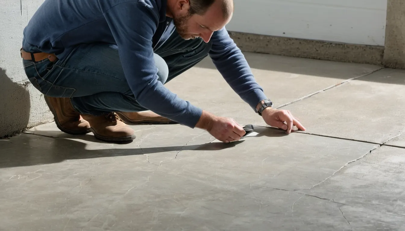 A homeowner photographing a cracked concrete garage floor for an estimate request