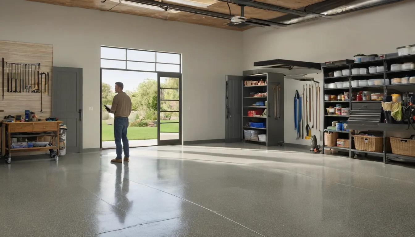 A freshly coated garage floor in a Long Beach home with sunlight at the open door