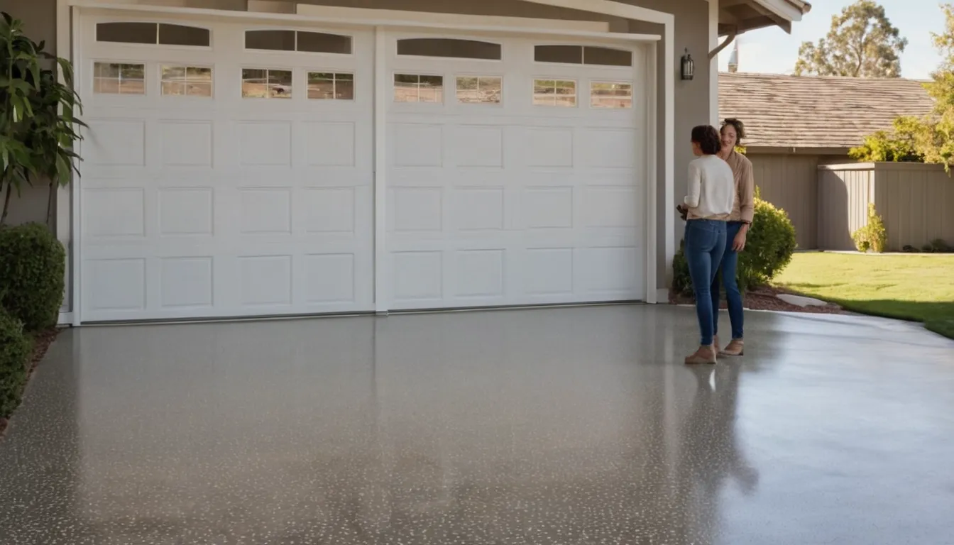 Clean polyaspartic-coated garage floor with a soft flake finish in a Long Beach home